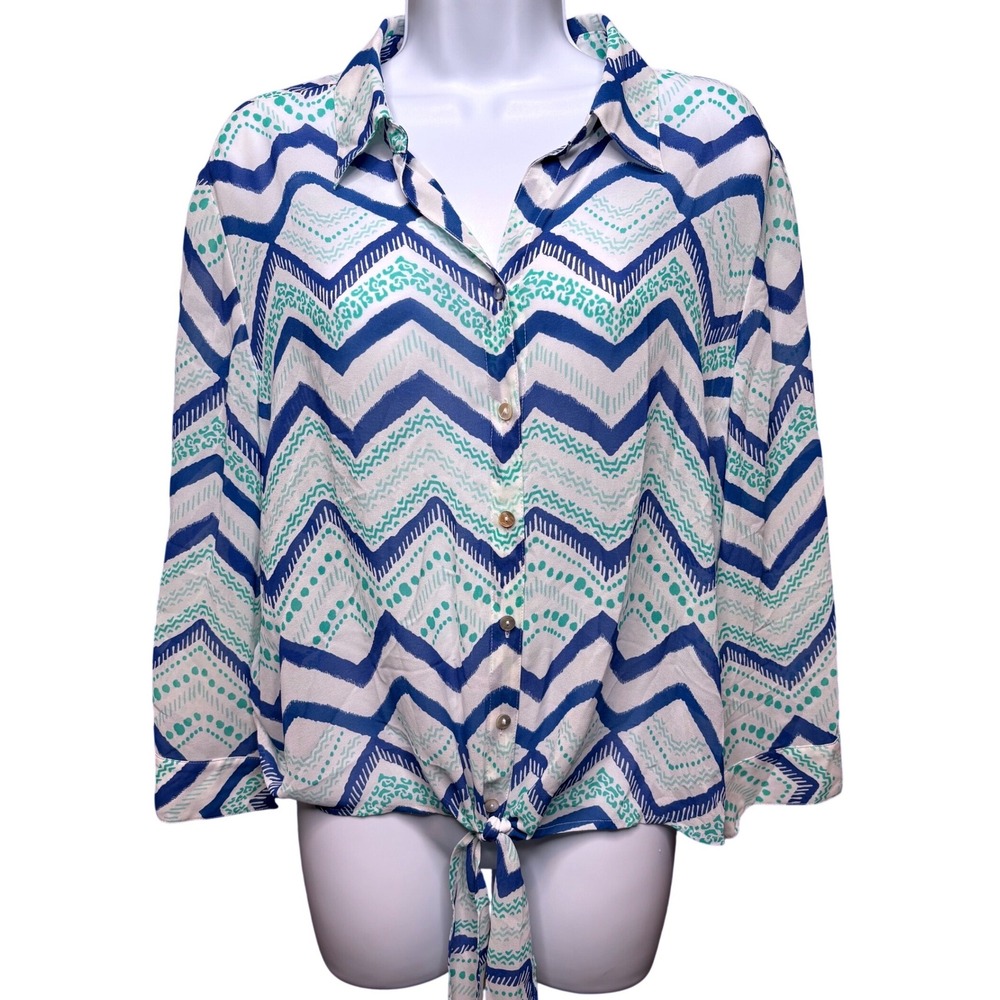 CHICO'S‎ Blue Chevron Tie Front Button Down Shirt Sz 2/L Nautical Preppy Office